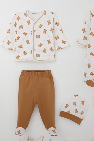 Breeze Baby Girl Hospital Release 8-Piece Cute Baby Teddy Bear Patterned Bow Tie 0-3 Months, Ecru