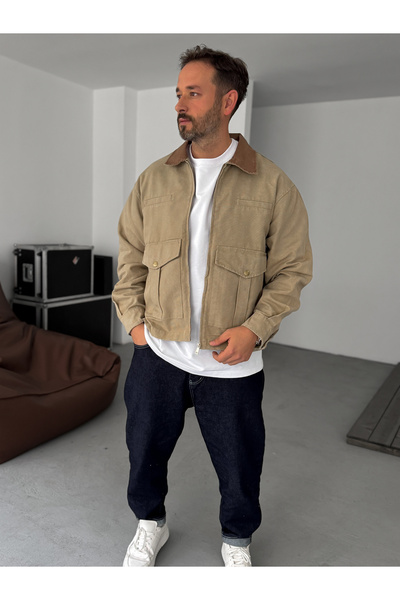 BYBASICMAN Jachetă bej cu detaliu buzunar la guler BRY-110-07