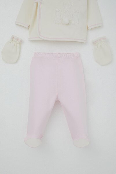 Breeze Baby Girl Hospital Release 5-Piece Pompom Bunny Embroidered 0-3 Months, Ecru