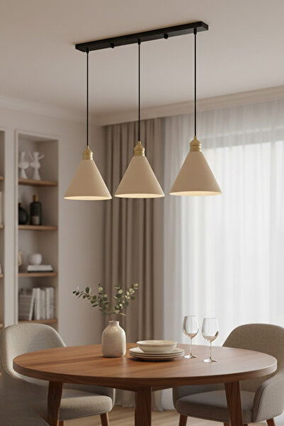 Luzarana Kuki Sıralı 3 Lü Metal Gövde Krem Renkli Avize Sarkıt Salon Mutfak Ofis Cafe Butik Lamba