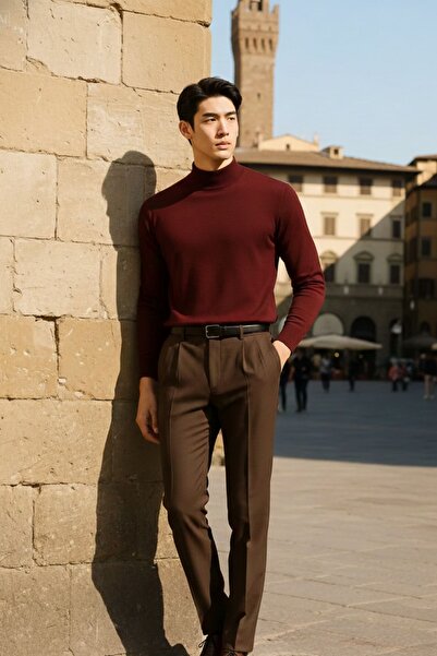 COMBİNE MİCHAİL Men's Casual Stylish Relaxed Loose Burgundy Knitwear Sweater