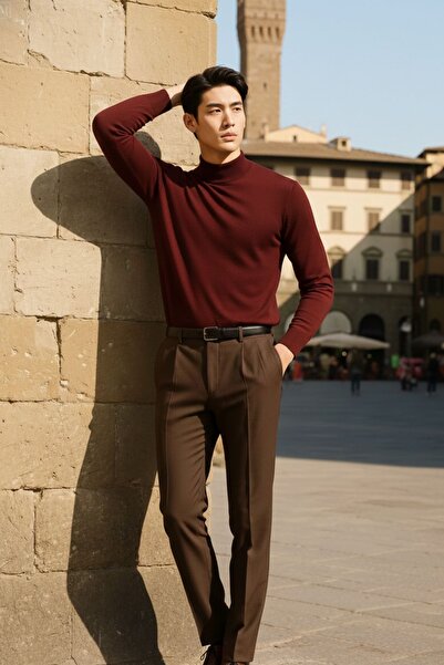 COMBİNE MİCHAİL Men's Casual Stylish Relaxed Loose Burgundy Knitwear Sweater
