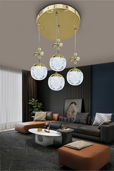 RSCOLLECTIONS Modern Cam 4 Top LED Avize – Salon & Yemek Odası – Şık Sarkıt –...