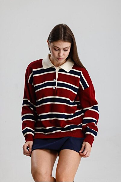 Elfin Striped Buttoned Polo Neck Women's Knitwear Sweater