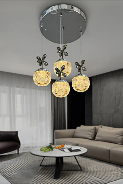 RSCOLLECTIONS Modern Cam 4 Top LED Avize – Salon & Yemek Odası – Şık Sarkıt –...
