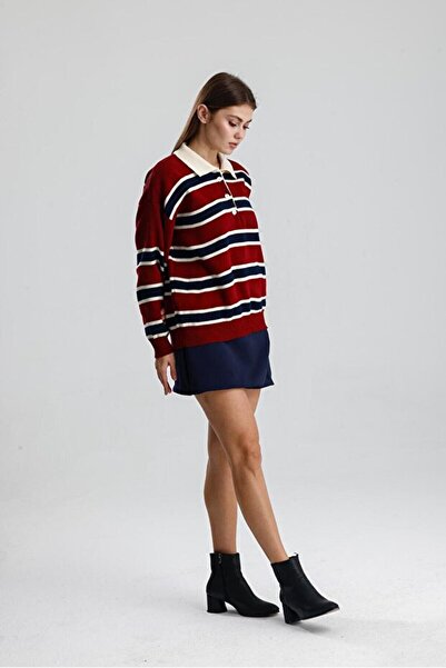 Elfin Striped Buttoned Polo Neck Women's Knitwear Sweater