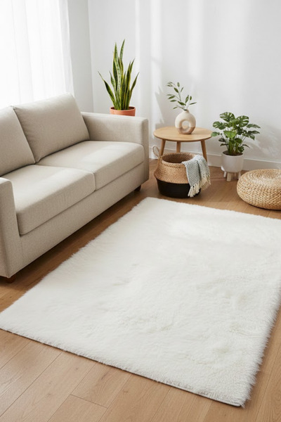 Ayduran Tavşan tüyü post peluş beyaz ithal premium kalite süet tabanlı halı