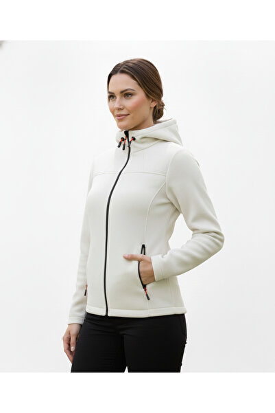 VEGA PORT Fleece pentru femei cu glugă cu fermoar pe lungime, culoare ecru