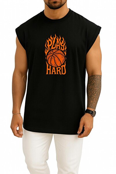 Bahriyeli Collection Supradimensionat Play Hard Tricou cu Imprimeu pentru Basket