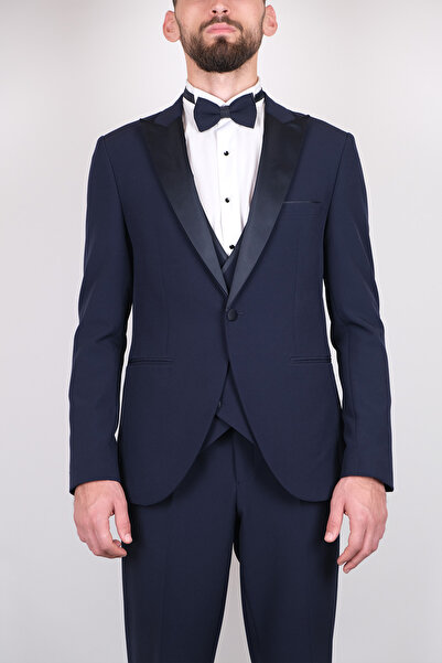 SERKAN SEVİNÇ Slim Fit Erkek Kırlangıç Yaka Likralı Yelekli Smokin