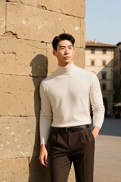 COMBİNE MİCHAİL Ανδρικό πουλόβερ casual κομψό, χαλαρό, κρεμ πλεκτό