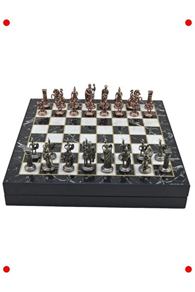 markentegra مجموعة شطرنج رومانية معدنية - لوحة بنمط رخامي قديم مع صندوق تخزين