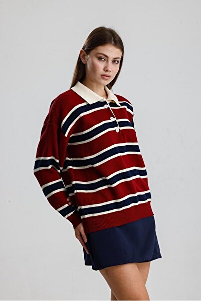 Elfin Striped Buttoned Polo Neck Women's Knitwear Sweater
