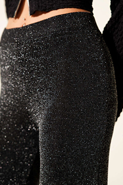 ByMisa Store Women's Black Elastic Waist Flared Glitter Palazzo Trousers