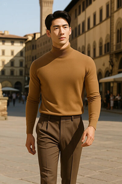 COMBİNE MİCHAİL Men's Casual Stylish Relaxed Loose Brown Knit Sweater