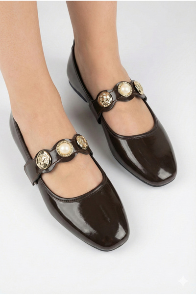 StWenn Patent Leather Brown Women's Ballet Shoes with Gold Buckle, Stylish, Lightweight, Orthopedic, Non-Sound Sole