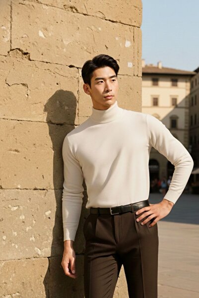 COMBİNE MİCHAİL Ανδρικό πουλόβερ casual κομψό, χαλαρό, κρεμ πλεκτό