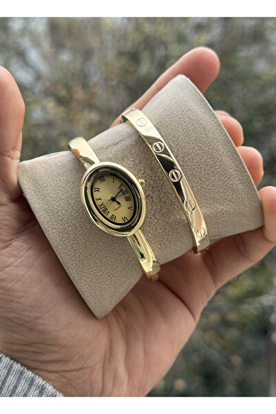 Tulpar ساعة يد نسائية بتصميم قيودي وعلبة بيضاوية عتيقة مع سوار هدية