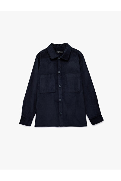 Koton Regular Fit Cotton Pocket Classic Collar Long Sleeve Corded Fabric Velvet Shirt Jacket