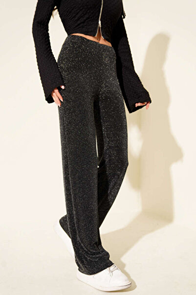 ByMisa Store Women's Black Elastic Waist Flared Glitter Palazzo Trousers