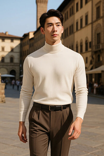 COMBİNE MİCHAİL Ανδρικό πουλόβερ casual κομψό, χαλαρό, κρεμ πλεκτό