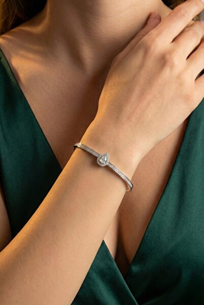 Lorivelle Paslanmaz Çelik Gümüş Renk Damla Taşlı Su Yolu Kristal Kelepçe Bile...