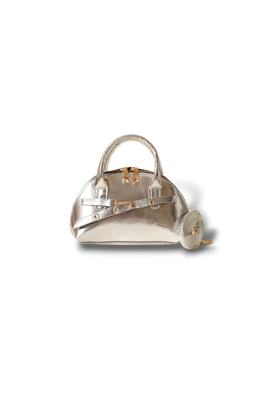 EZZY BLİSS Women's Silver Ellipse Small-Mini Size Shiny Belted Zippered Handbag with Shoulder Strap