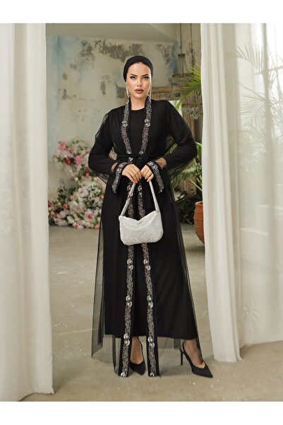HİJABAYA Manşetleri Taş İşlemeli Kemerli İkili Abaya Takım