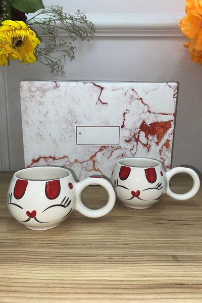 Janset Küyahya Handmade Set of 2 Smiling Face Patterned Mugs