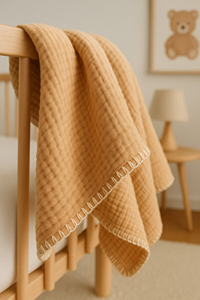 Heianmono Kids 4 Layer Shepherd's Stitch Caramel Color 100% Cotton Muslin Baby Blanket (100X120 cm)