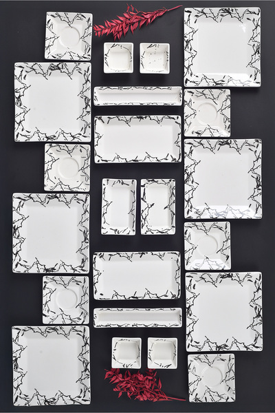 Piatti Naturali 22 Parça 6 Kişilik Çay Tabaklı Mermer Lüx Kahvaltı Takımı Kah...