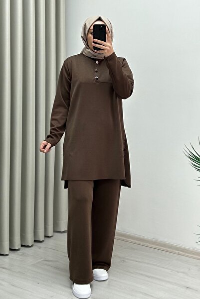 T Moda Store Efraze Metal Düğme Detaylı Yırtmaçlı Modal Kumaş Tesettür İkili Takım Siyah