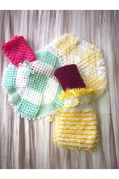 MOR TIRTIL el örgüsü banyo lifi sabun bezi 5 li set çeyizlik gelin işi