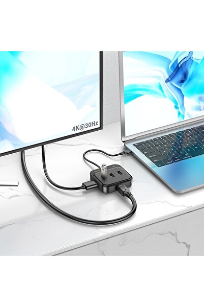 GERICOM 4-in-1 USB-A Hub Adapter — 3× USB 3.0 + RJ45, 1.2 m, 100W, Polycarbonate, Black