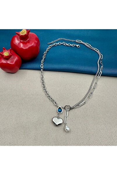 Opia Takı & Aksesuar Steel Blue Stone Heart Pearl Beaded Silver Necklace