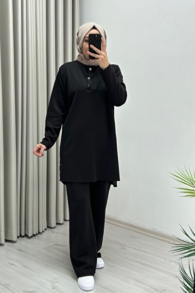 T Moda Store Efraze Metal Düğme Detaylı Yırtmaçlı Modal Kumaş Tesettür İkili Takım Siyah