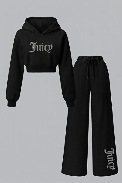 Bozz&Bozz Collection Women Juicy Crystal Stone Printed Tracksuit Set Hoodie Crop Sweatshirt Baggy Sweatpants Two Piece Set