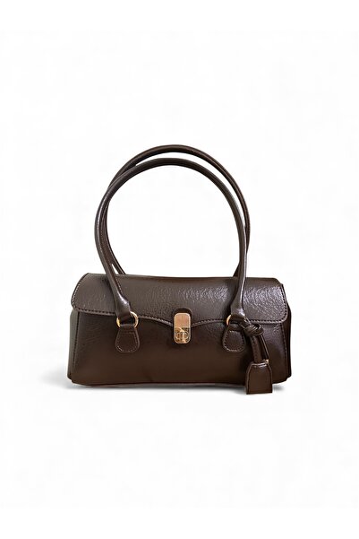 Melos Butik Women's Bitter Brown Baguette Leather Hand and Shoulder Bag with Lock Closure