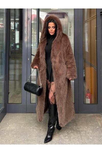 maymagaza Lupsi Kapşonlu İthal Kürk Kahve