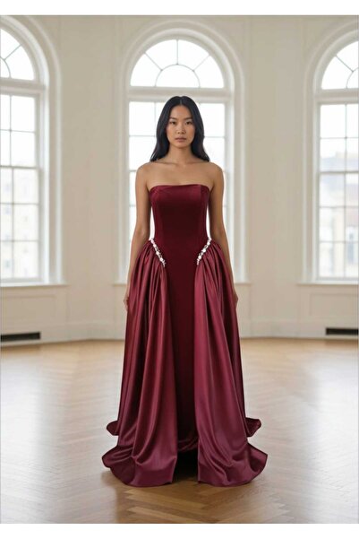 MODA Straplez Kadife Taşlı Abiye Elbise