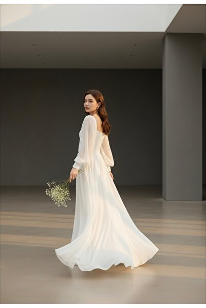 ENDAMIM Wedding Engagement Evening Dress Long Chiffon Dress White Promise Dress Flared Skirt Square Neck Long Sleeve Balloon Sleeve