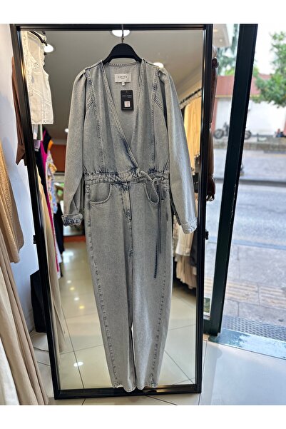 AYSEGUL SOZKESEN Açık Mavi Denim Tulum V Yaka Bağlama Detaylı Rahat Kesim