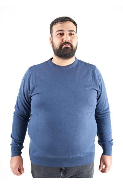 TURHAN TRİKO Plus Size Indigo Crew Neck Men's Sweater