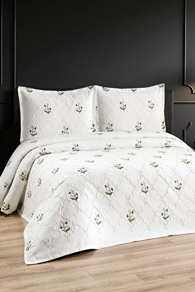Esca Home Narin Krem Nakışlı Şönil Pike Takımı – Çift Kişilik Jakarlı Yatak Ö...