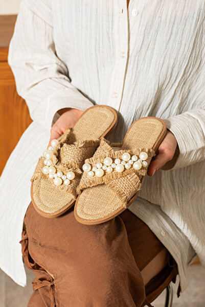 dabab shoes Mirella Women's Pearl Straw Textured Flat Stylish Beige Slippers