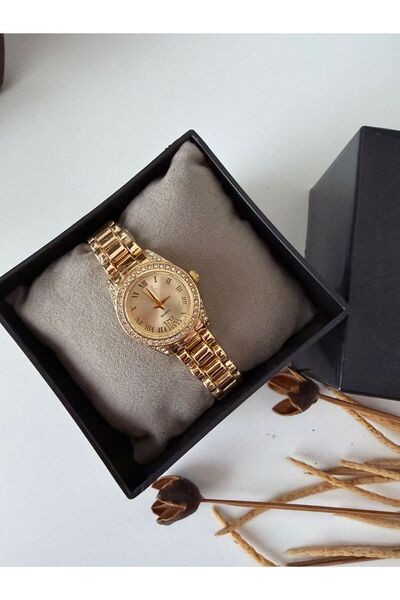 ACCESSORYHUB Gold Roma Rakamlı Taşlı Kadın Çelik Saat – Krem Kadran Şık Tasarı