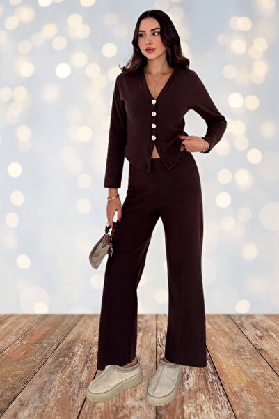 Moda Amore Women's Thessaloniki Fabric Gold Button Cardigan Pants Two-Piece Set (S-Xl) 5009