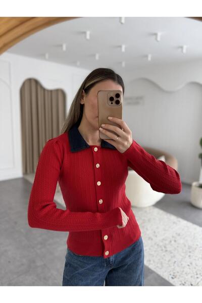 Sadık Collection Women's Polo Neck Tricot with Denim Trim