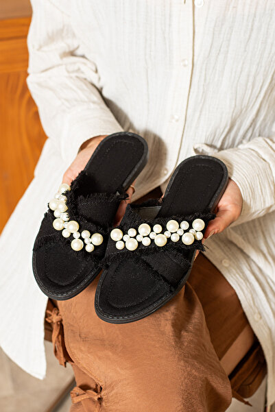 dabab shoes Mirella Women's Pearl Straw Textured Flat Stylish Black Slippers