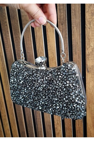 çantamgelsin Women's Anthracite Evening Dress Bag with Large Crystal Stone Hand and Long Chain Strap